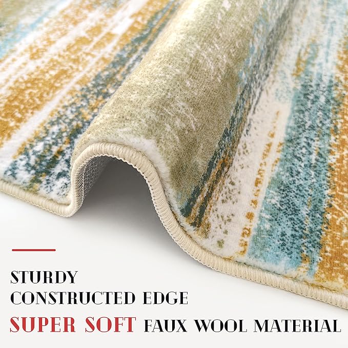 Modern Abstract Runner Rug 2.6x18, Green Mustard Multi Washable Long Kitchen Runner Non-Slip Soft Hallway Rug Runner Thin Print Faux Wool Carpet for Entryway Bedroom Laundry Room Indoor