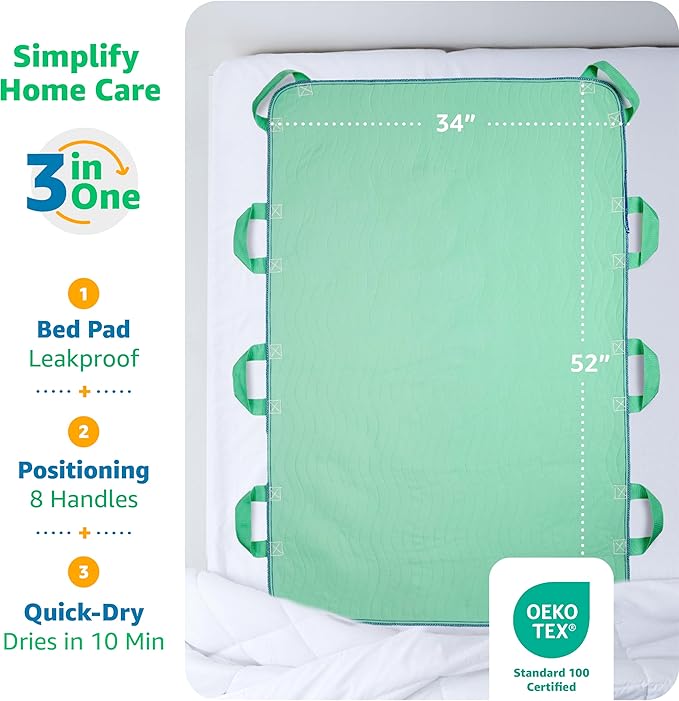 Improvia Positioning Bed Pad, with 8 Reinforced Handles, Quick-Drying, Washable, Waterproof, for Lifting, Turning, Transfering, Elderly and Incontinence Patients (Green, 34" x 52" - Pack of 1)
