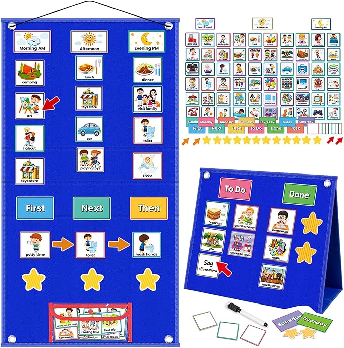 Large Visual Schedule for Kids with Autism Chore Chart for Kids Daily Routine Chart Autism Learning Materials Toddler Planning Board Visual Schedule for Classroom, Home with 124 Cards (Blue)