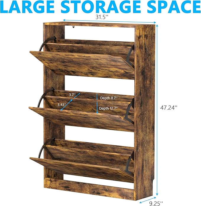 Shoe Cabinet with 3 Flip Drawers, 47" Slim Hidden Wood Shoe Storage Cabinet with Adjustable Shelf, Freestanding Narrow Shoe Rack Organizer for Entryway, Hallway, Brown