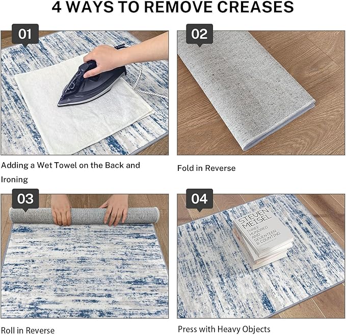 Modern Abstract Hallway Runner Rug, Blue White Washable Kitchen Runner Non-Slip Soft 2x8 Runner Rug Thin Print Faux Wool Carpet for Entryway Bedroom Laundry Room Indoor Home Decor