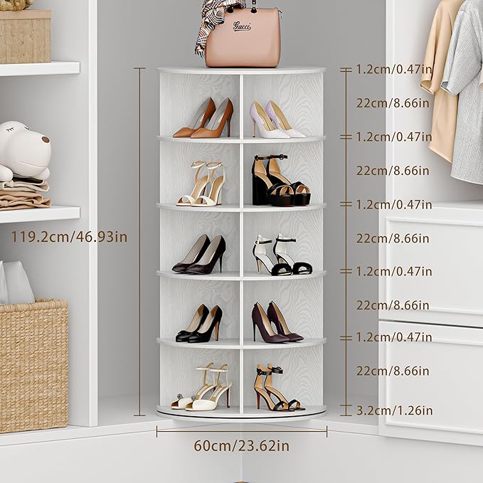Wooden Rotating Shoe Rack, 5 Tier Spinning Shoe Rack Tower for Closet, Storage Organizer for Entryway, Bedroom, Living Room (Embossed White, 5 Tier)