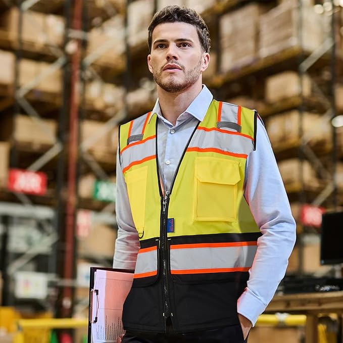 A-SAFETY High Vis Reflective Safety Vest for Men Women Zipper Ipad Pockets Mesh Construction Apparel Neon Vest for Work