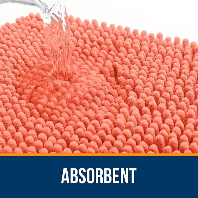 OLANLY Bathroom Rugs Sets 2 Piece, Soft Absorbent Chenille Bath Mats and U-Shaped Contour Toilet Mat Area Rug Set, Machine Washable Bath Carpet, Home Decor Accessories(30"x20"+24"x20", Coral)