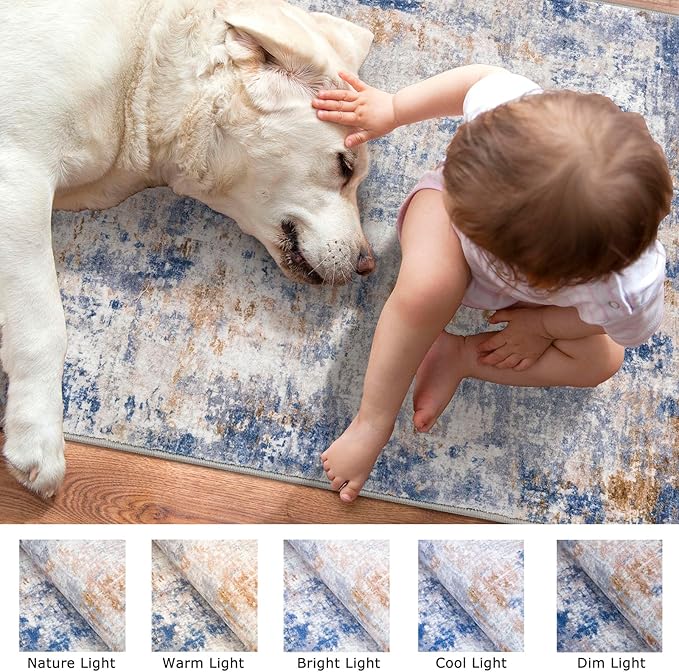 Modern Abstract Hallway Runner Rug, Grey Blue Orange Multi 2x8 Runner Rug, Washable Kitchen Runner Non-Slip Soft Thin Print Faux Wool Carpet for Entryway Bedroom Laundry Room Indoor