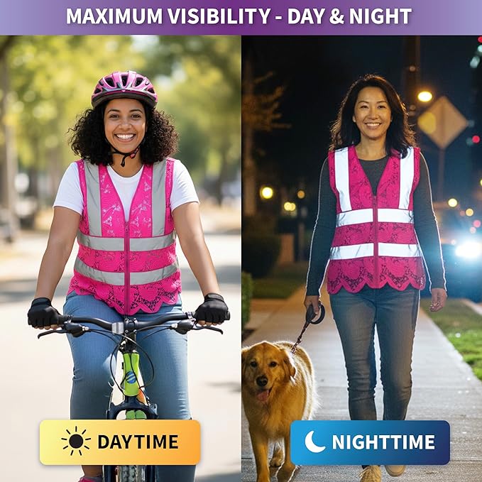 Lace-Mesh Safety Vest for Women & Men - Breathable, High Visibility Vest with Zipper & ANSI Class 2 Reflective Strips