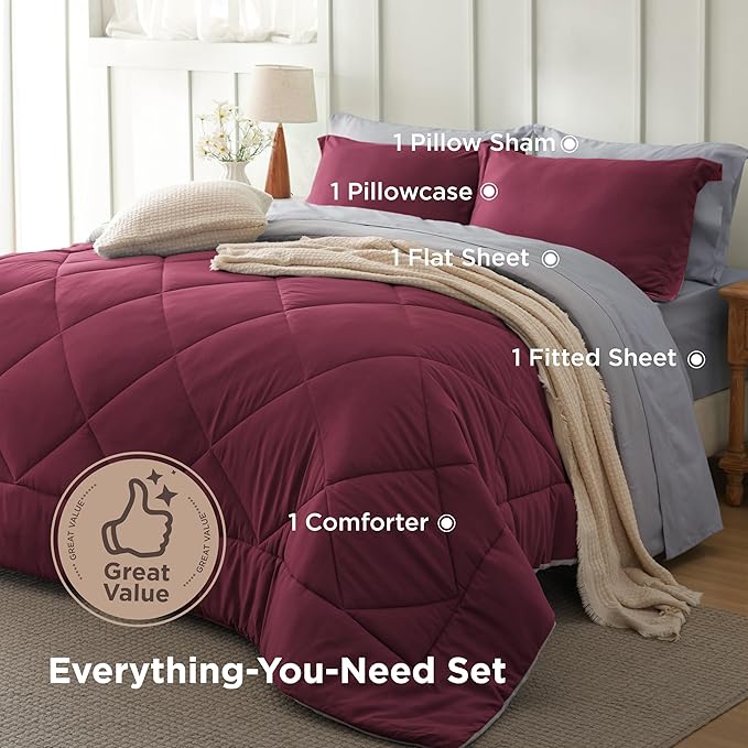 Bedsure Twin Comforter Set - 5 Pieces Reversible Burgundy Bedding, Twin Size Bed Set for All Seasons, Bed in a Bag with Down Alternative Comforter, Sheets, Pillowcase & Sham
