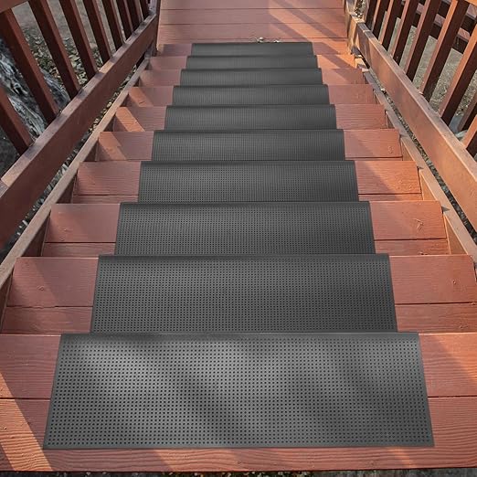 Ottomanson All-Weather Bullnose Rubber Stair Treads – Non-Slip Step Mats for Wooden, Concrete, or Outdoor Stairs, Easy Maintenance, Tool-Free Placement, Pack of 5, 10" x 30", Black Grip Dots