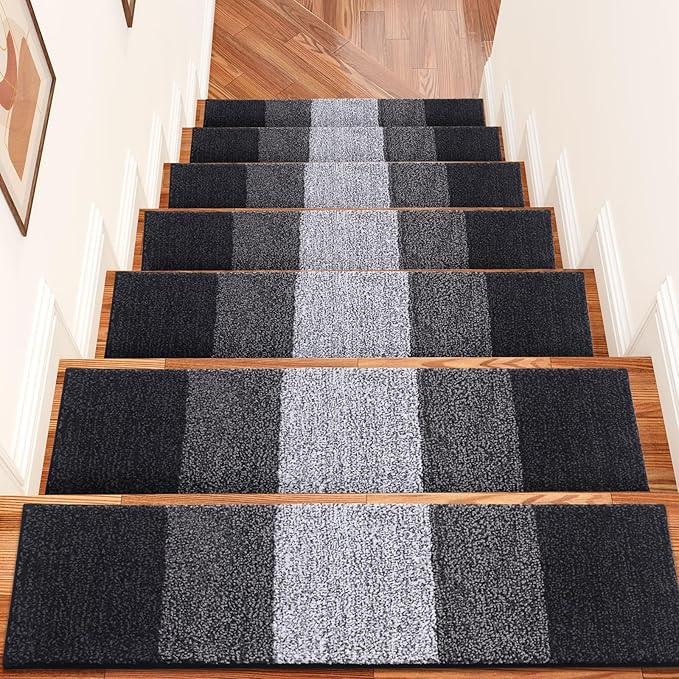 OLANLY Stair Treads Non Slip 15PCS, 8" x 30" Indoor Stair Runners for Wooden Steps, Edging Stair Rugs with Reusable Peel and Stick Adhesive for Kids Elders and Pets, Black