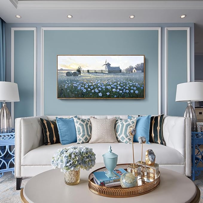 amatop Farmhouse Wall Art, Large Framed Canvas Print - Rustic Vintage Country Landscape with Blue Floral Sunset, Nature Artwork Picture for Dining Room, Living Room, Bedroom and Kitchen Decor (48x24 Inch)