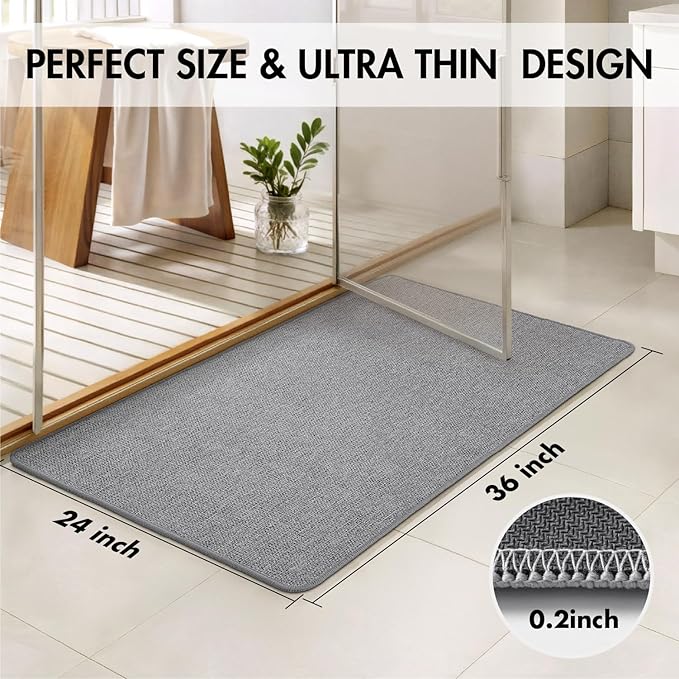 MIULEE Set of 2 Ultra Thin Bathroom Rugs, Rubber Bath Mats for Bathroom Non Slip, Quick Dry Absorbent Bath Rug Machine Washable, Fit Under Door, Shower, Sink, Home Decor, Grey, 24x36 Inch
