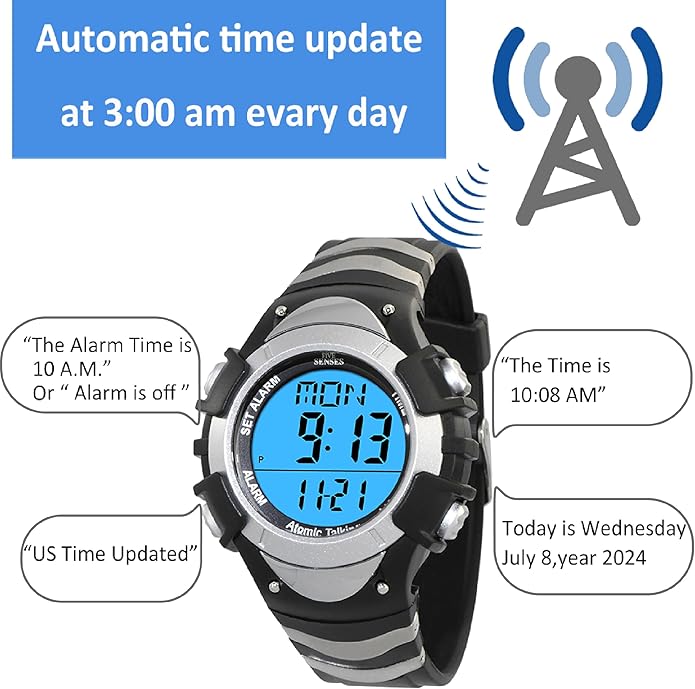 FIVE SENSES Atomic English Talking Watch for Seniors Men and Women Talking with Day-Date Loud Alarm Clock Visually Impaired (Silver)
