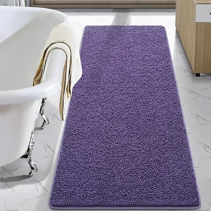 LOCHAS Luxury Bathroom Rug Shaggy Bath Mat 24 x 70 Inch, Washable Non Slip Bath Rugs for Bathroom Shower, Soft Plush Chenille Absorbent Carpets Mats, Dark Purple