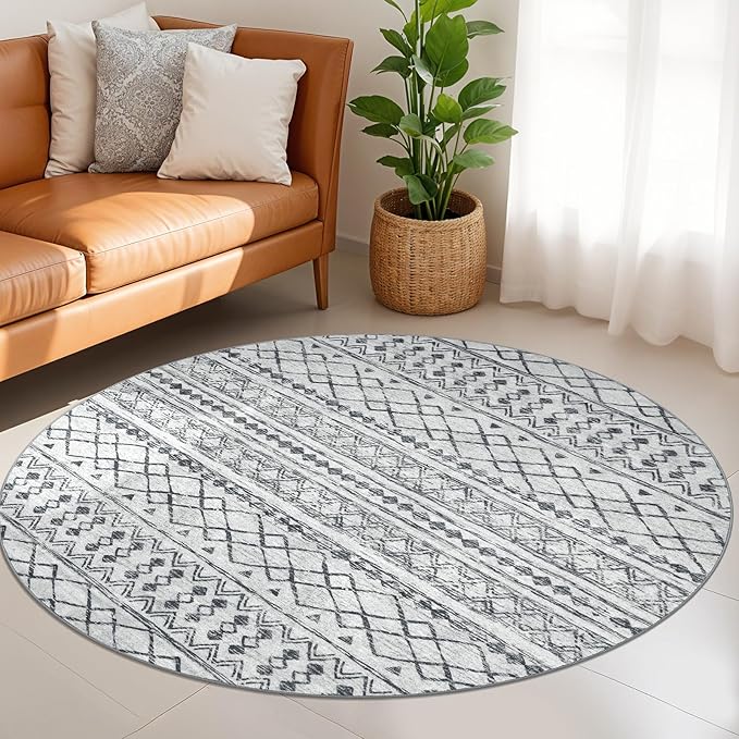 KUTA Boho Round Washable Rugs 5Ft Grey Moroccan Circle Area Rug Non-Slip Soft Distressed Geometric Carpet for Living Room Bedroom Low-Pile Entry Throw for Nursery Dorm Decor