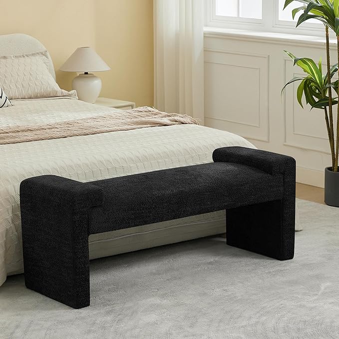43" End of Bed Bench Upholstered Modern Bedroom Bench for Living Room & Entryway, Easy Assembly, Footrest Ottoman Accent Window Bench with Solid Wood Frame & Curved Arm, Black