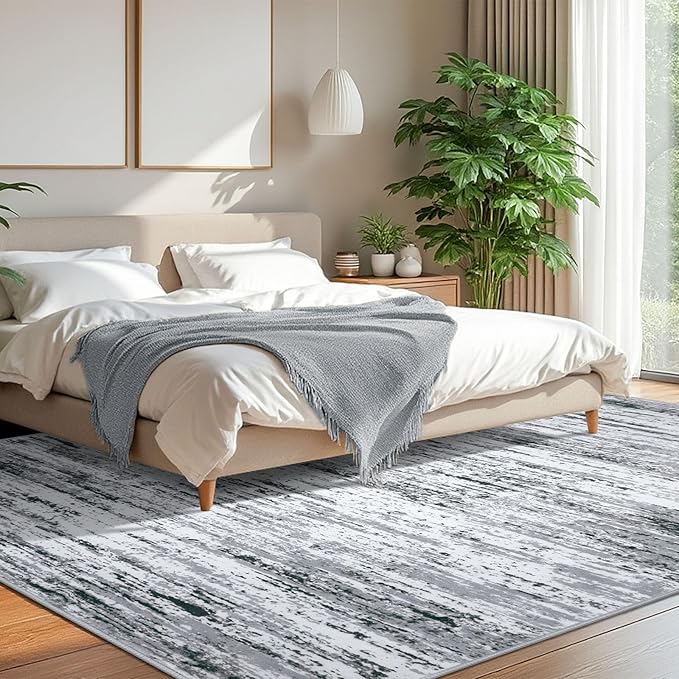 Modern Abstract 8x10 Large Machine Washable Living Room Rug Non-Slip Soft Bedroom Area Rug Black Gray White Ultra Thin Print Faux Wool Carpet Throw Rugs for Nursery Playroom Dining Room Indoor