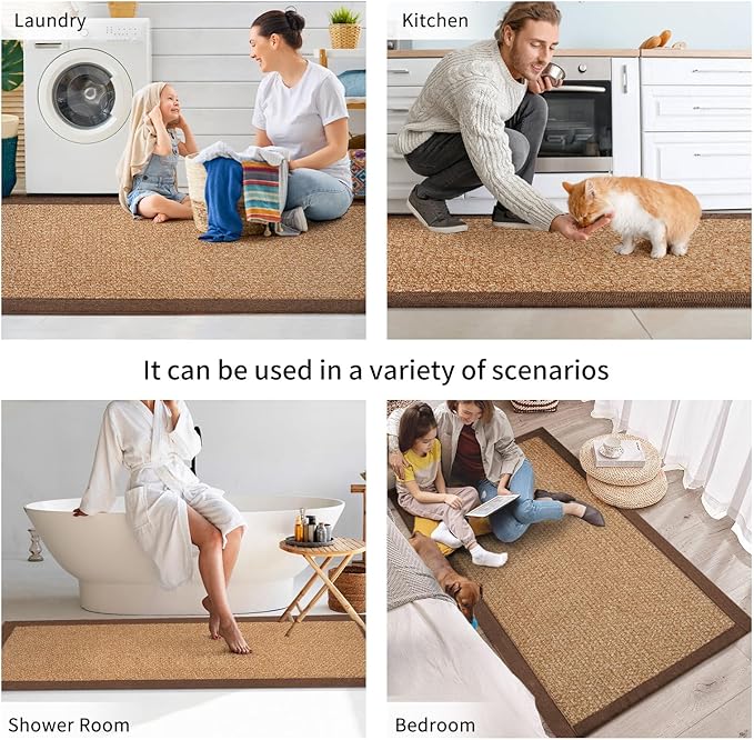Kitchen Rugs Non Slip Washable, Super Absorbent Kitchen Mats for Floor, Rubber Backing Jute-Like Braid Kitchen Sink Mat Runner Rug Standing Floor Mat, Easy to Clean, Brown 17"x47"