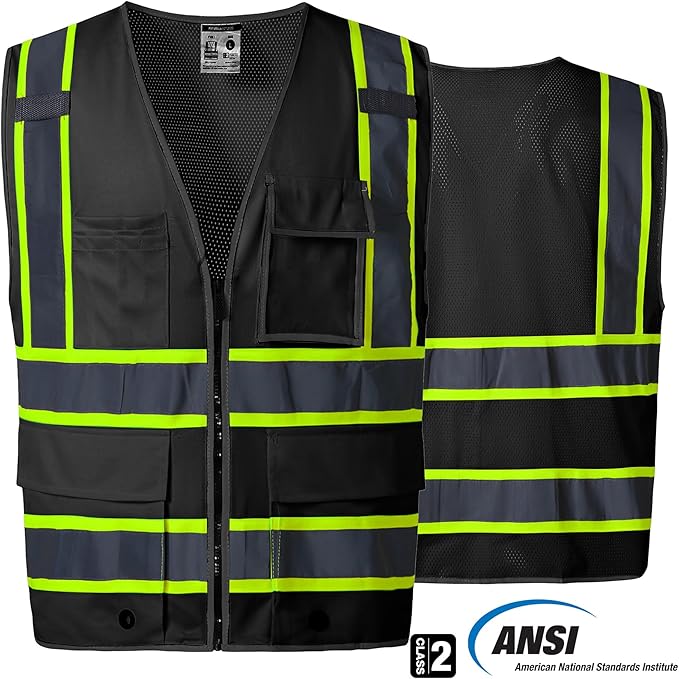 SKSAFETY 10 Pockets Safety Vest, Class 2 High Visibility Security with Zipper Back Mesh, Hi Vis Vest with Reflective Strips, ANSI/ISEA Standard, Construction Work Vest for Men ＆ Women （Black, 2XL）