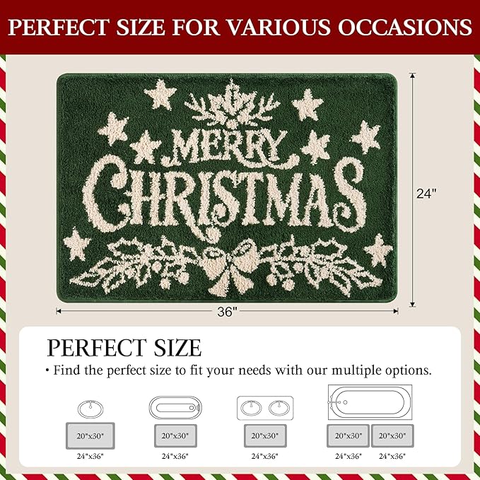 Christmas Bathroom Rug 36"x24", Extra Soft Absorbent Microfiber Thick Plush Fluffy Bathroom Rugs, Non-Slip Backing, Machine Washable Bath Rugs, Holiday Xmas Decor Indoor Bath Mats, Green, Xmas Letters