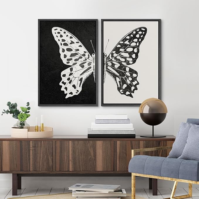 MUDECOR Framed Canvas Wall Art Black and White Butterfly Prints Minimalist Modern Art Boho Wall Decor for Bedroom - 16"x24"x2 Black