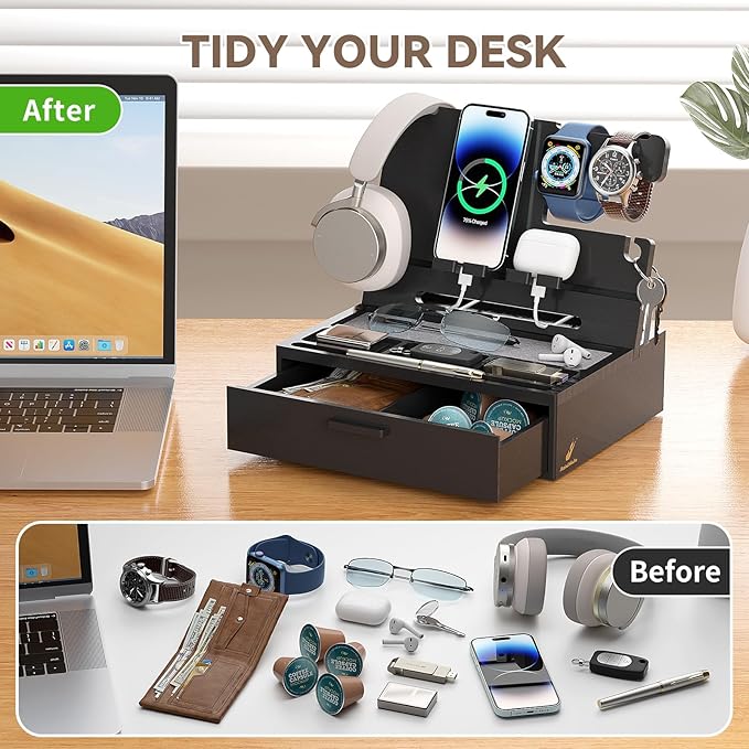 Pezin & Hulin Wooden Charging Station, Bedside Nightstand Tray, with Spacious Drawer, Felt Pads for Phones, Watch, Idea Gifts for Him Birthday, Son, Christmas for Papa Fathers Day