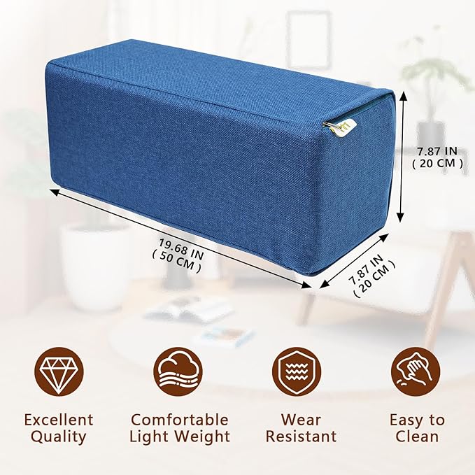 2 Pack Couch Arm Rest Pillow, 8''x8''x20'' Linen Cover, High Density Foam Armrest Cushion, Removable & Washable Elbow Support for Sofa, Bed, and Armchair (Indigo Blue)