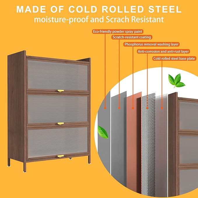 44'' Tall Metal Storage Cabinet with 3 Flip Doors, Freestanding Steel Organizer with Ample Storage Space for Bedroom Living Room Kitchen Office Entryway, Storage Organizer Walnut Finish