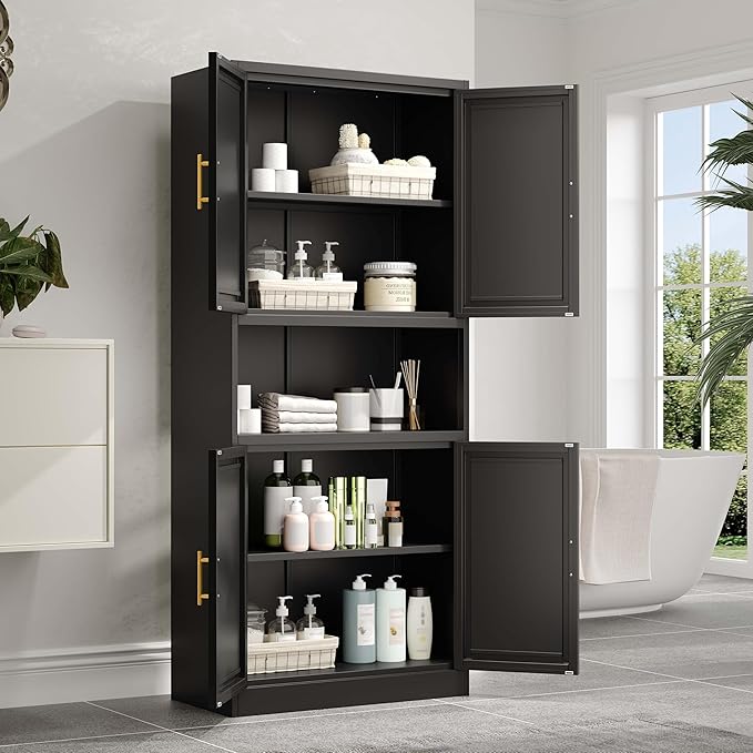 61.02" Kitchen Pantry Cabinet, Large Metal Storage Cabinet with 4 Doors and 1 Open Storage Compartment, Corner Display Organizer with 2 Adjustable Shelves for Kitchen Bedroom or Hallways