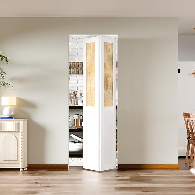 BARNER HOME Bi-fold Doors - Cane Closet Door for 24“ x 80” Opening, Webbing & Wood Interior Door Slab, Including Hardware, MDF, White Folding Doors for Wardrobe