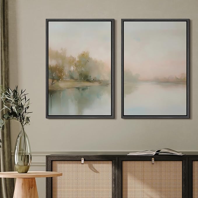MUDECOR Framed Canvas Print Wall Art Tranquil Reflection Serene River Landscape Illustrations Modern Art Decorative Bohemian Chic for Living Room, Bedroom, Office - 24"x36"x2 Black