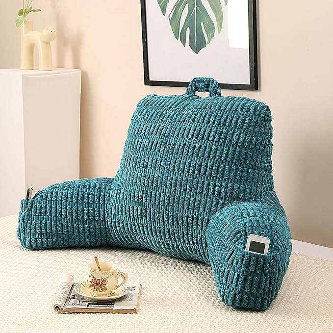 Reading Pillow for Sitting in Bed, Large Backrest Reading Pillow with Arm Rest,Back-Rest Support Cushion for Sit Up on Couch, Sofa, and Floor, Dorm Essentials (Dark Green Corduroy, Large(19"))