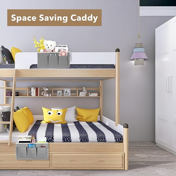 Bedside Caddy Storage Organizer - 2pcs Hanging Bag Holder with Pockets for Bedroom, Loft, Tent, Curtain, Bunk bed Shelf Accessories (Gray)