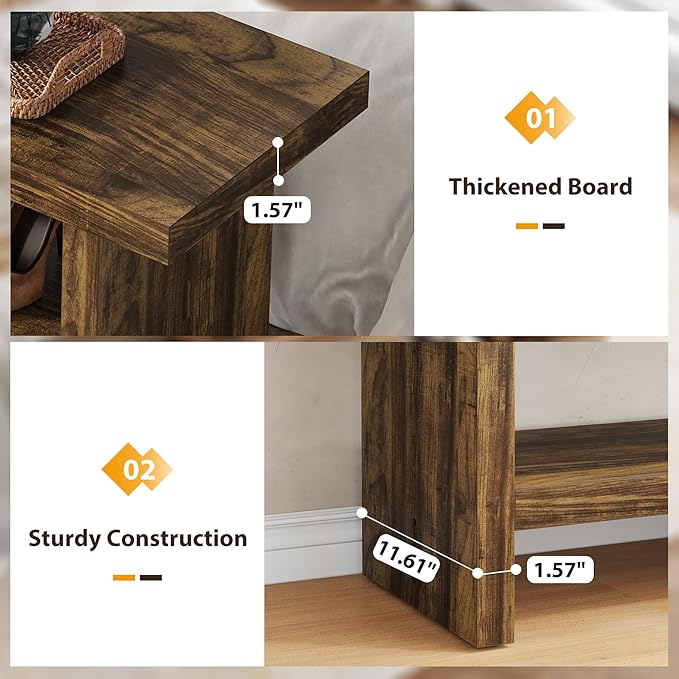 2 Tier Entryway Bench, 47.24" Shoe Bench, Rustic Shoe Rack, Wooden Storage Bench for Entryway Hallway Living Room Bedroom, Easy Assembly, Rustic Brown