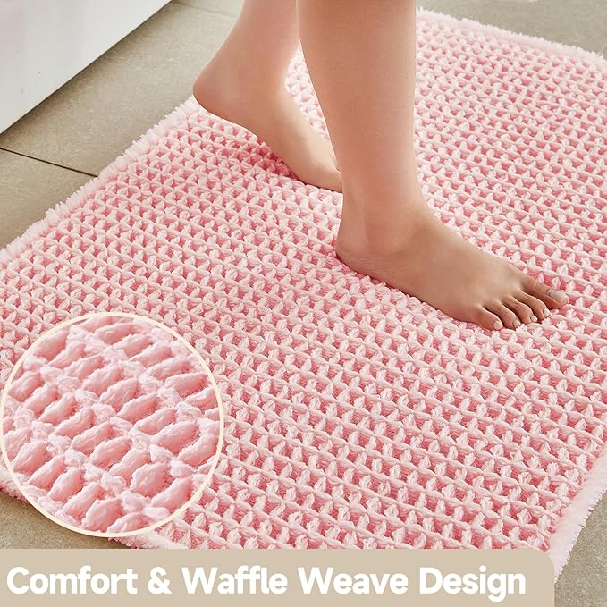 Light Peachy Pink Long Bathroom Rugs, Waffle Runner Rug Bathroom Non Slip Washable Quick Dry Cute Bath Mat Boho Farmhouse Bath Mat, 60"x24" Light Peachy Pink