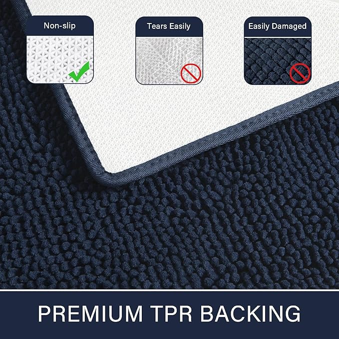 LOCHAS Luxury Bathroom Rug Shaggy Bath Mat 20 x 30 Inch, Washable Non Slip Bath Rugs for Bathroom Shower, Soft Plush Chenille Absorbent Carpets Mats, Navy