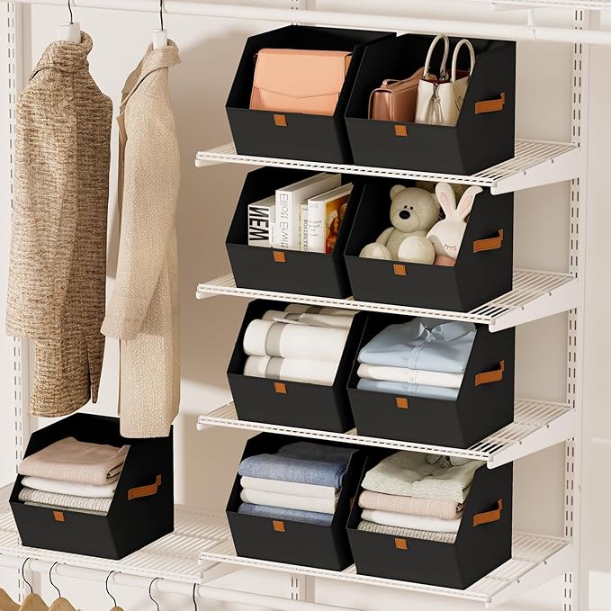 Fabric Closet Storage Cubes - 8 Pack Square Storage Bins with Dual Handles for Clothes, Towels, Toys, Cube Storage Organizers for Bedroom, Nursery, Shelves, Closet, Small Spaces, Black