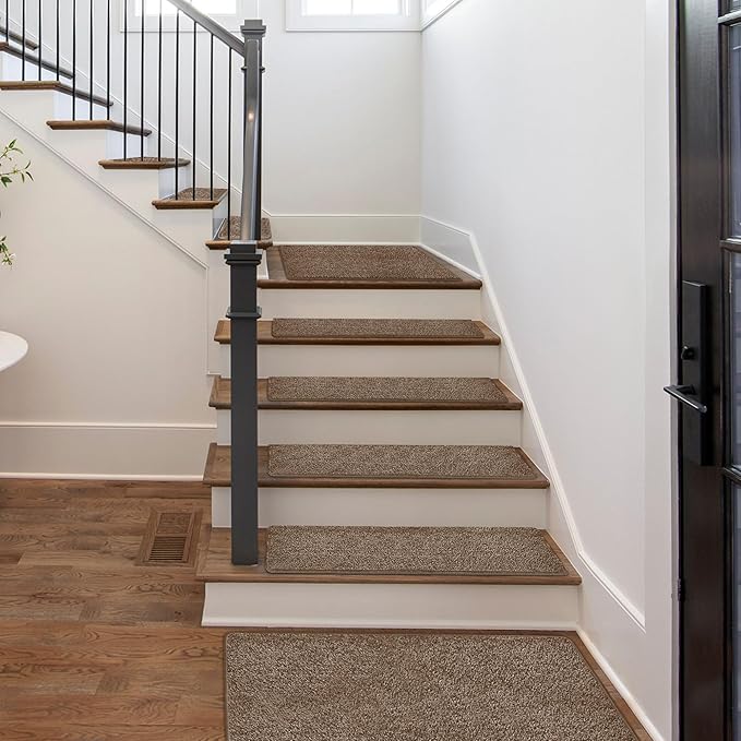 PURE ERA Carpet Stair Treads Tape Free Non Slip Indoor Stair Carpet Stair Protectors Pet-Friendly Non-Slip Skid Resistant Washable Reusable 8" x 30"(14 Pieces,Camel Brown)