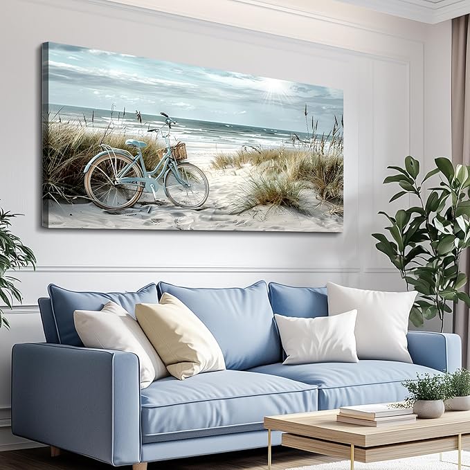 FUHAIHUA Large Wall Decor For Living Room Canvas Wall Art For Bedroom Modern Office Decoration Blue Beach Bicycle Seascape Painting Ocean Landscape Wall Pictures Artwork Home Decor Posters 24"X48"