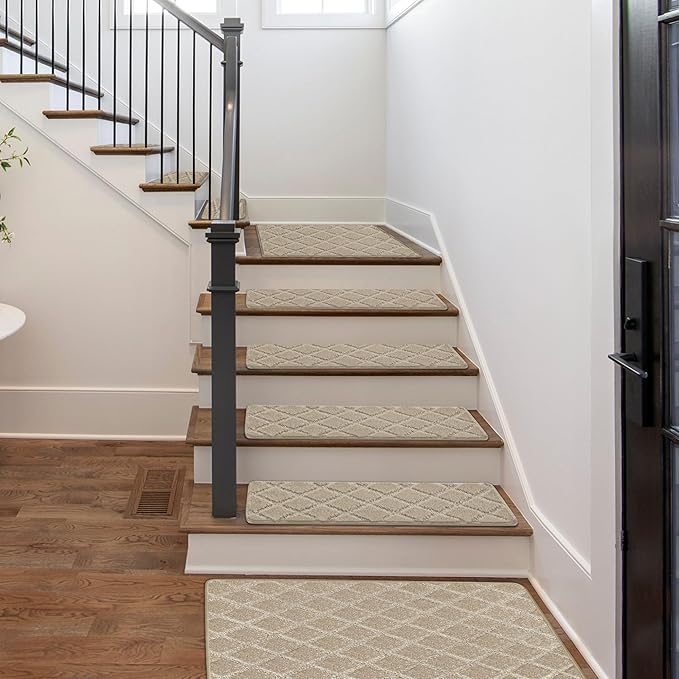 PURE ERA Carpet Stair Treads Tape Free Non Slip Indoor Stair Carpet Stair Protectors Pet-Friendly Non-Slip Skid Resistant Washable Reusable 8" x 30"(2 Pieces,Cream Gray Diamond Trellis)