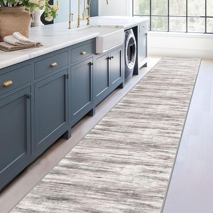 KOZYFLY Modern Abstract Washable Rug Runner 2.6x16 Hallway Rug Runner Non-Slip Soft Kitchen Runner Rugs, Grey-Beige Striped Carpet for Stair Entryway Bathroom Laundry Room Foyer
