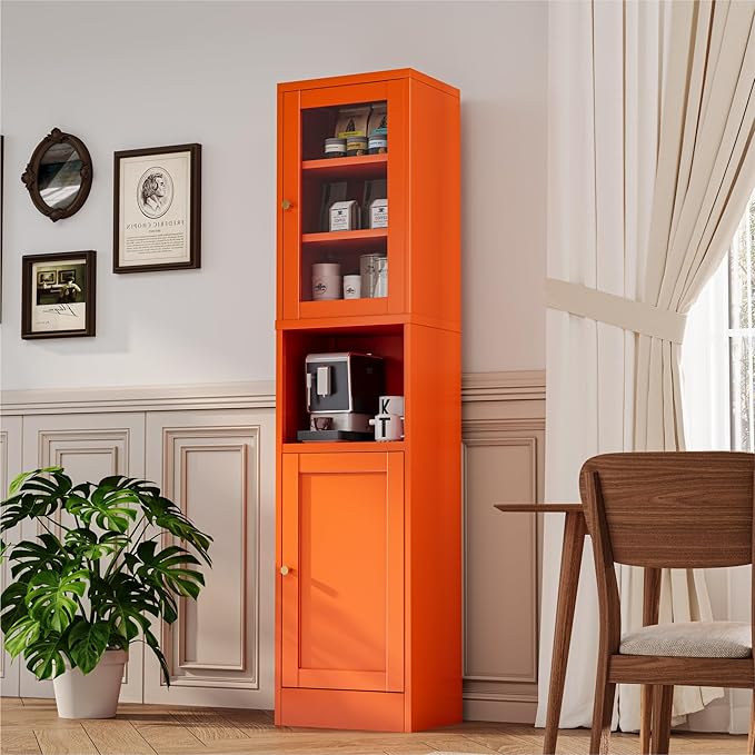 2-Door Metal Storage Cabinet, Tall Slim Pantry Organizer with 3 Adjustable Shelves (120LBS/Shelf), Anti-Tipping Waterproof Cabinet for Bathroom/Kitchen/Home Office/Small Spaces,(1PC,Orange)