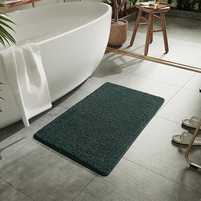 LOCHAS Luxury Bathroom Rug Shaggy Bath Mat 24 x 36 Inch, Washable Non Slip Bath Rugs for Bathroom Shower, Soft Plush Chenille Absorbent Carpets Mats, Hunter Green