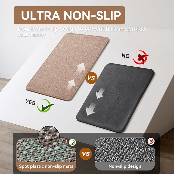 Kitchen Rugs Mat Non Slip Washable, Linen-Look 0.3" Thick Soft Cushioned Absorbent Kitchen Mats for Floor, Mild Anti-Fatigue Runner Rug Sink Mat Laundry Standing Mats, Easy Clean, Brown 17"x47"