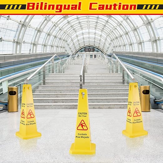 Floor Safety Cone Yellow Caution Wet Floor Sign 4 Sided Wet Cone Sign Public Caution Yellow Avoid Fall Slip Accident for Indoors and Outdoors(10 Pieces)