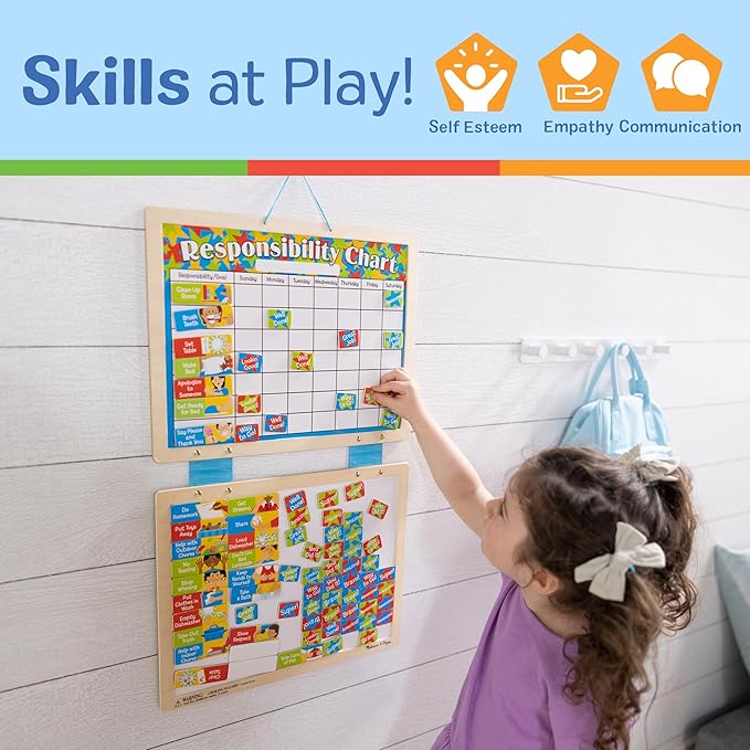 Melissa & Doug Magnetic Wooden Responsibility Chart Toddler Routine, Kids Reward Board, Chores Chart, Responsibility Tool for Kids Ages 3+