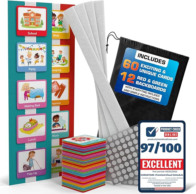 Premium 60 pcs Visual Schedule for Kids with Autism12 bords Black Bag Reward Chart Chore Bedtime Routine Toddlers Timetable Autistic Children Wall Planner Daily ADHD at Home School Learning Materials