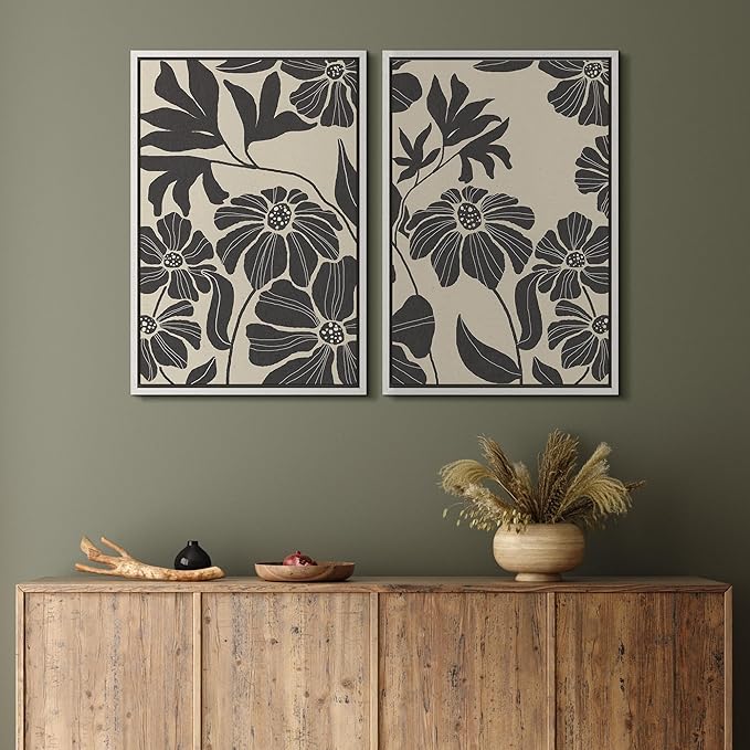 MUDECOR Framed Canvas Print Wall Art Monochrome Floral Botanical Black and White Illustrations Modern Art Decorative Bohemian Colorful Chic for Living Room, Bedroom, Office - 24"x36"x2 White