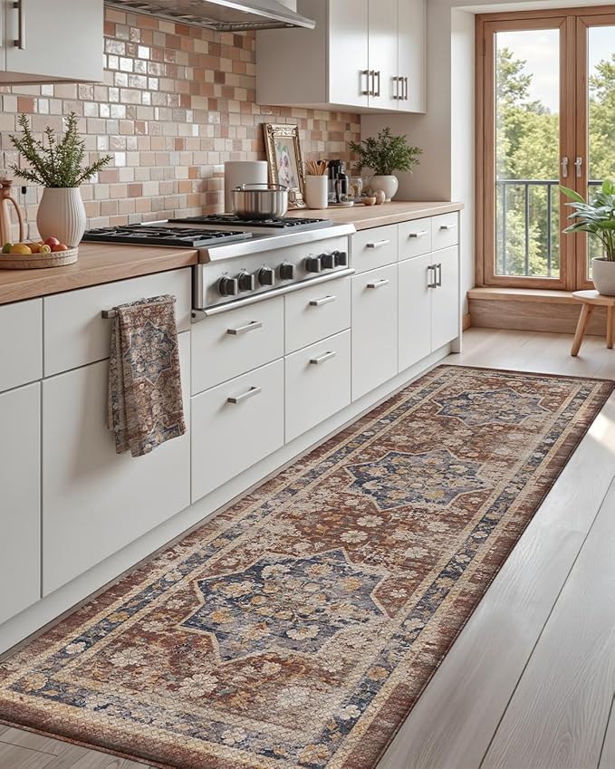 DEXI Kitchen Floor Mats Anti Fatigue, 23x86 Large Long Cushioned Vintage Runner Rug Waterproof, Standing Comfort Memory Foam Padded for Front Sink Laundry Office, Reddish Brown