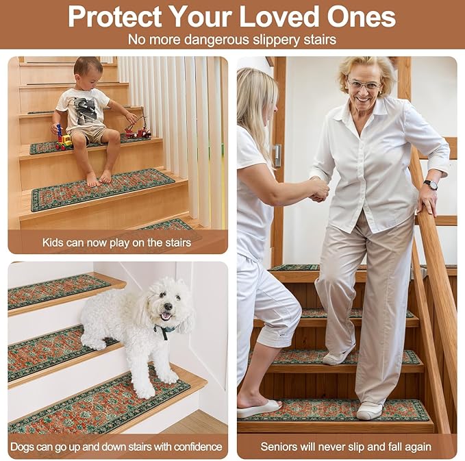 OJIA Vintage Stair Treads Non-Slip Stair Runners for Wooden Steps Indoor 15PCS 30"x8" Carpet Stair Treads Stair Mats Staircase Step Treads for Kids, Elders and Dogs, Stair Covers, Red