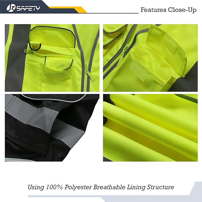 JKSafety 9 Pockets High Visible Reflective Safety Vest Zipper Front Breathable Lining, Yellow-Black Meets ANSI/ISEA Standards(150-Yellow-Black, XXL